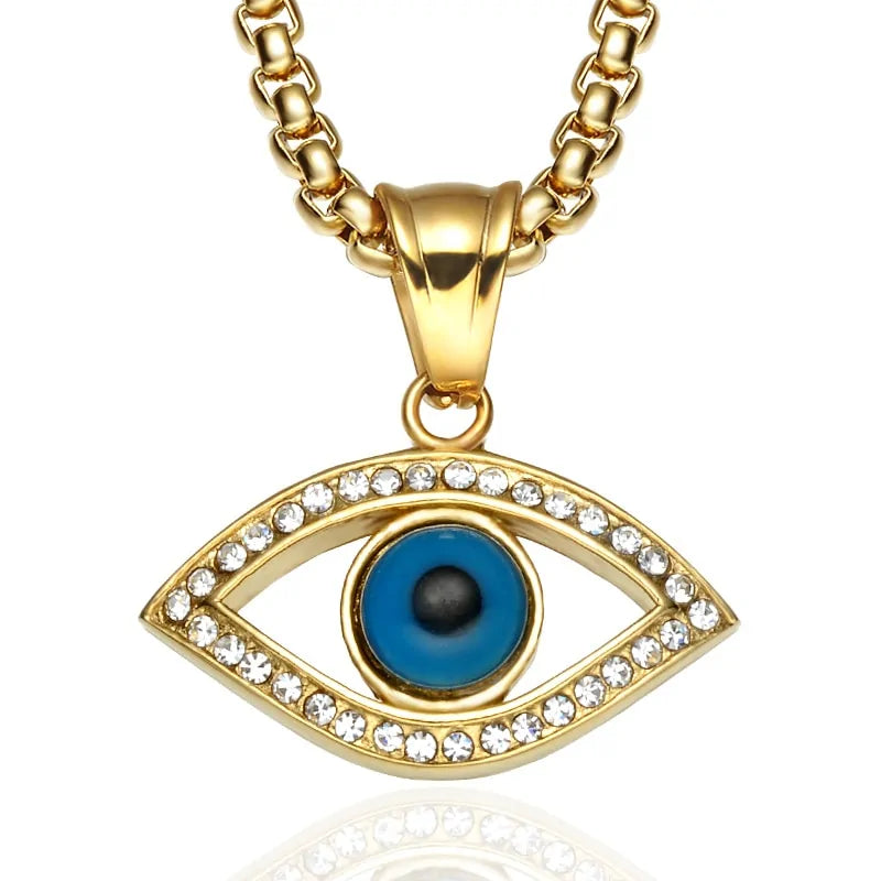 Men's Stainless Steel Bling Evil Eye Pendant Necklace with Natural Stone - Hip Hop Style