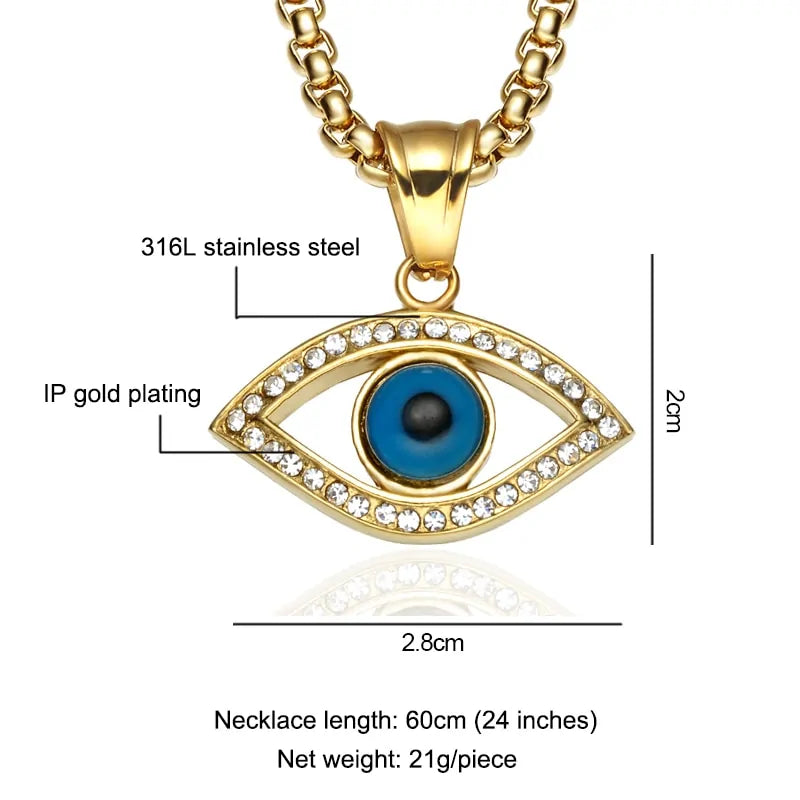 Men's Stainless Steel Bling Evil Eye Pendant Necklace with Natural Stone - Hip Hop Style